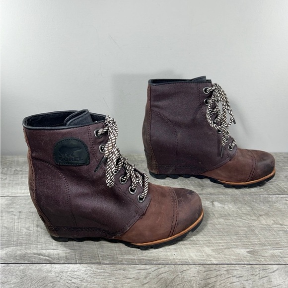 Sorel LL5329 PDX Wedge Women’s Brown Leather & Canvas Booties Boots Size 8.5 - Picture 1 of 10